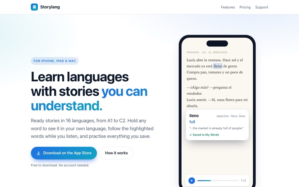Storylangs webbplats med rubriken Learn languages with stories you can understand och en telefon som visar en spansk berättelse där ordet lleno översätts.
